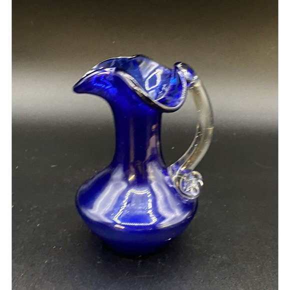 Vintage Blue Cobalt Clear Applied Handle Vase 5” Pitcher Hand Blown - Picture 6 of 8